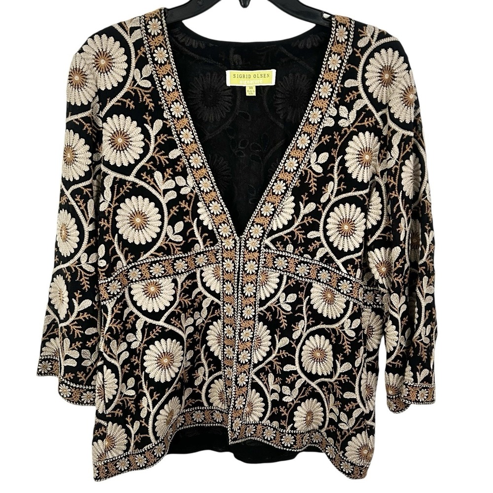 SIGRID OLSEN Embroidered Floral JACKET XS Boho Artsy Statement Cottage Indie